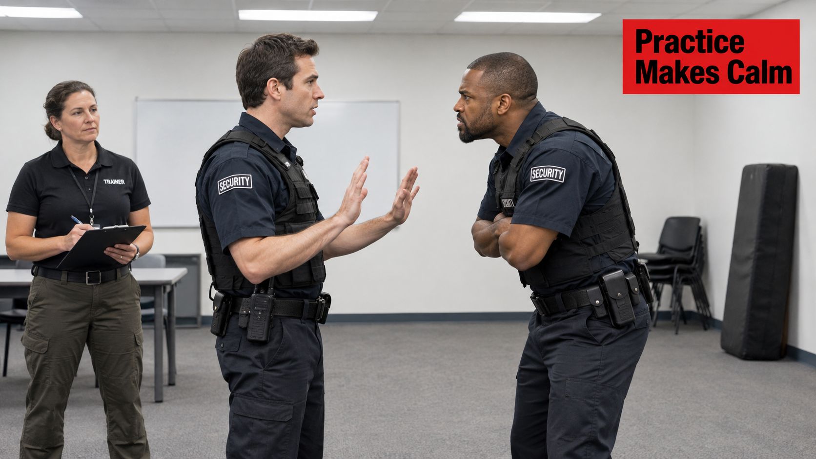 A trainer observes two security guards practicing a conflict de-escalation scenario during a training session.