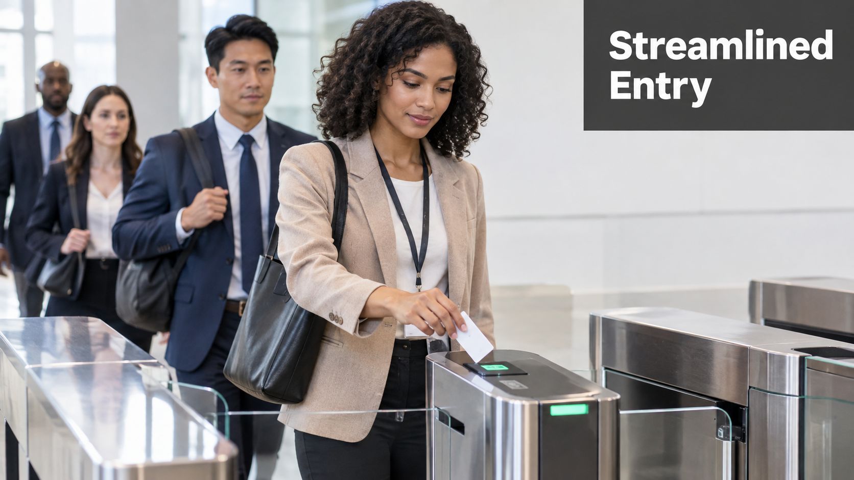 A diverse group of professionals walking through an office turnstile using access control cards for entry.