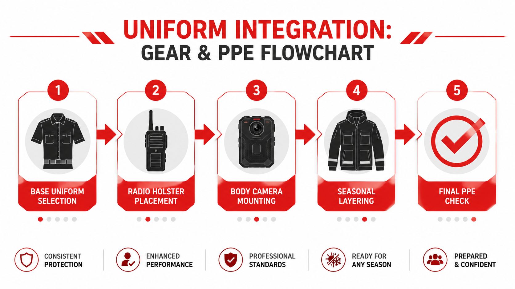 A five-step flowchart illustrating the uniform integration process for security personnel, including gear and PPE placement.