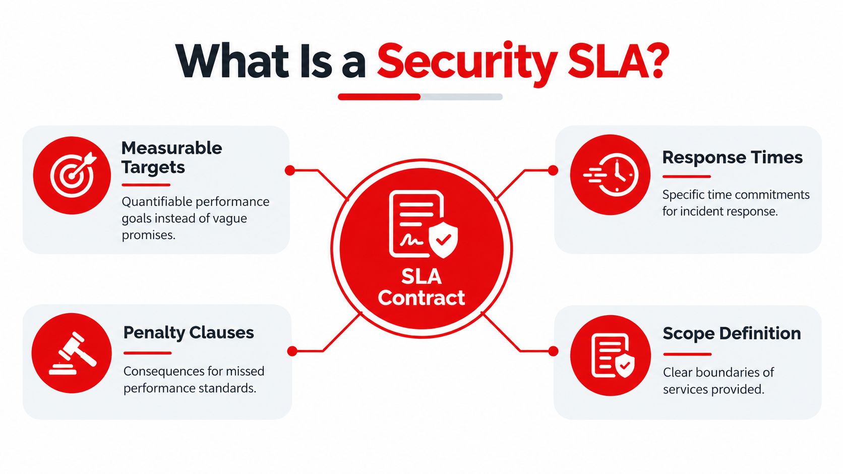 An infographic titled What Is a Security SLA detailing four key components: Measurable Targets, Response Times, Penalty Clauses, and Scope Definition.