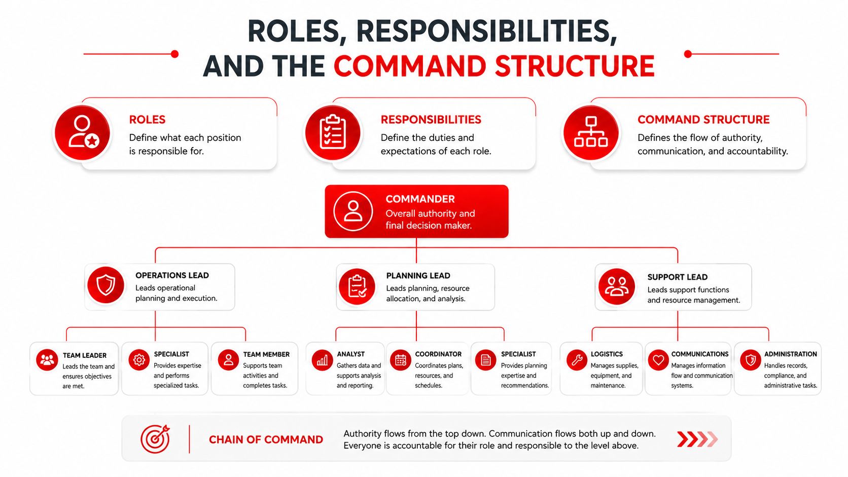 A hierarchical organizational chart illustrating roles, responsibilities, and the command structure within a professional team.