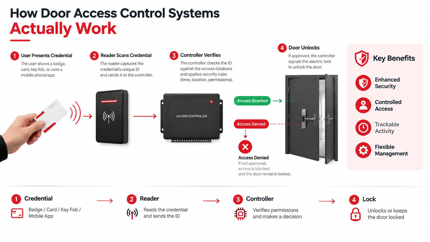 A diagram illustrating how door access control systems work using credentials, readers, controllers, and electronic door locks.