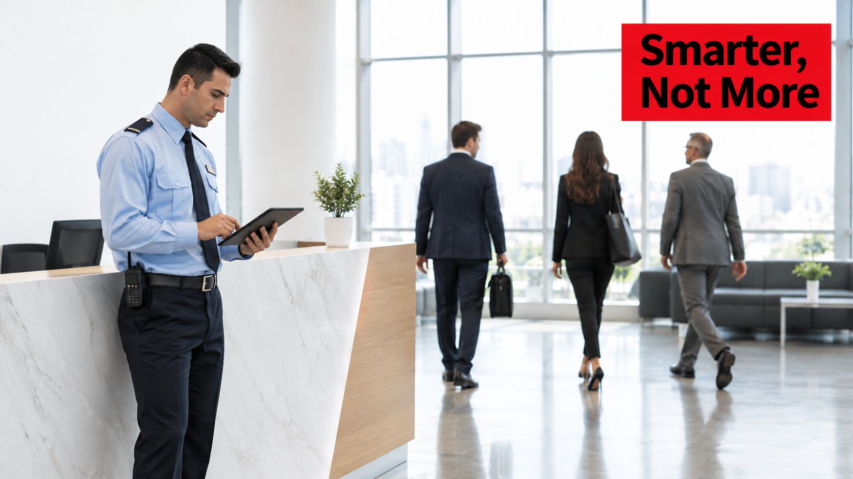 A professional security guard checking a tablet in a modern corporate office building lobby area.