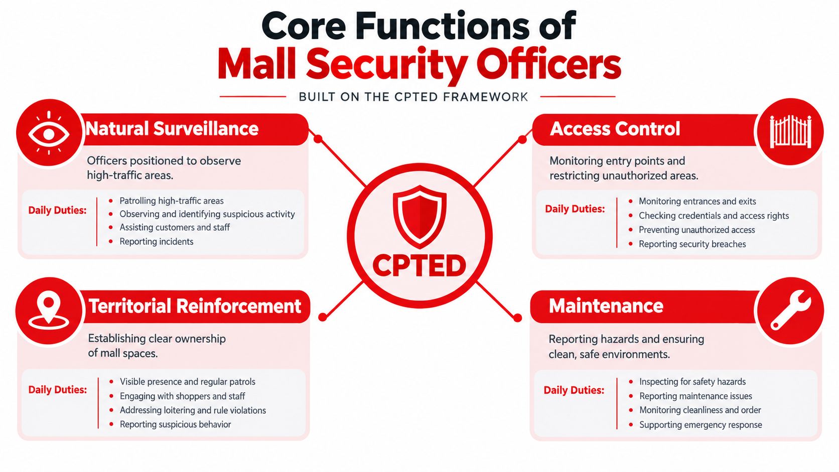An infographic titled Core Functions of Mall Security Officers, explaining CPTED framework strategies including surveillance, access control, reinforcement, and maintenance.