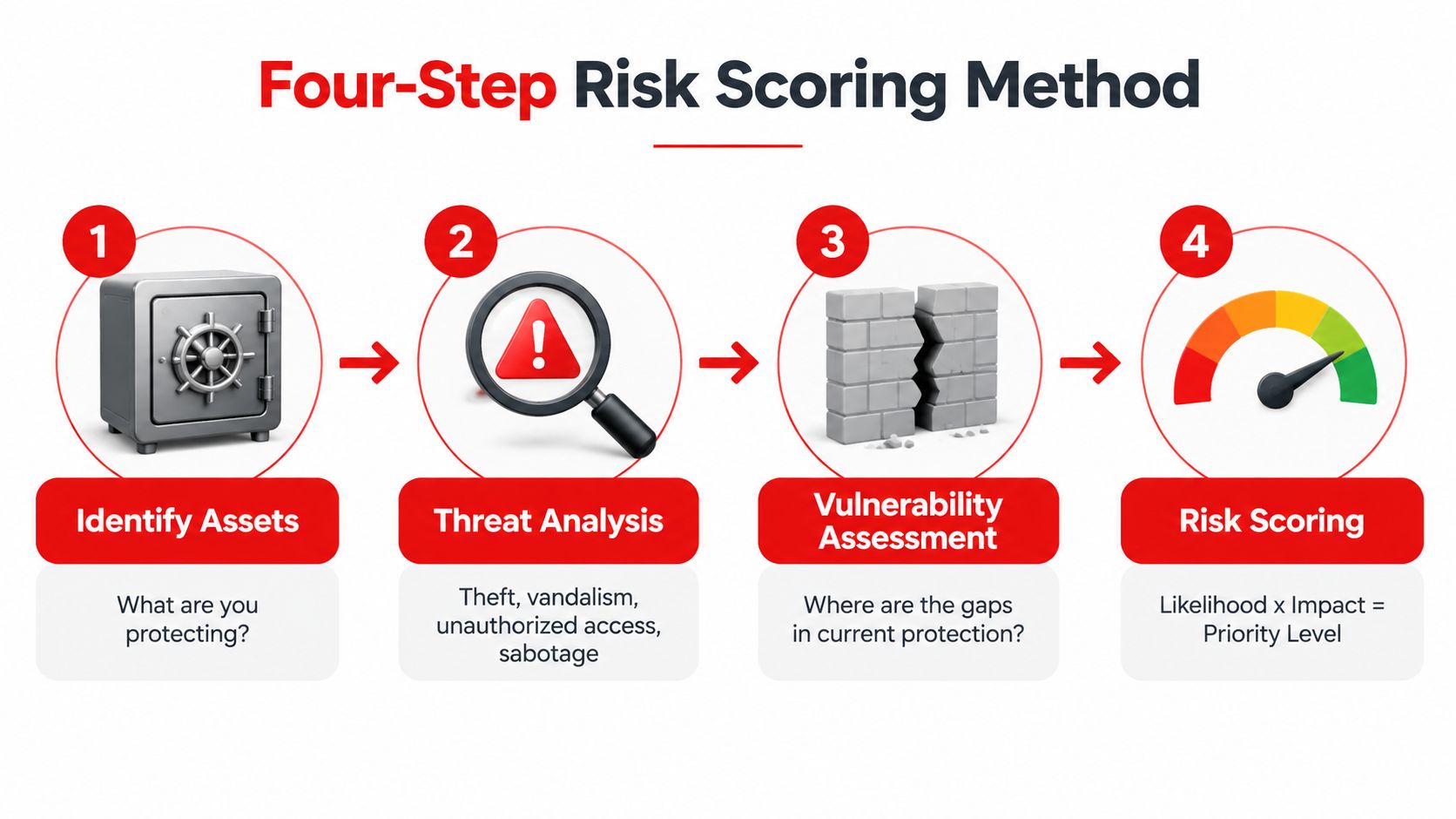 A diagram outlining the four-step risk scoring method for physical security assessment from identification to scoring.
