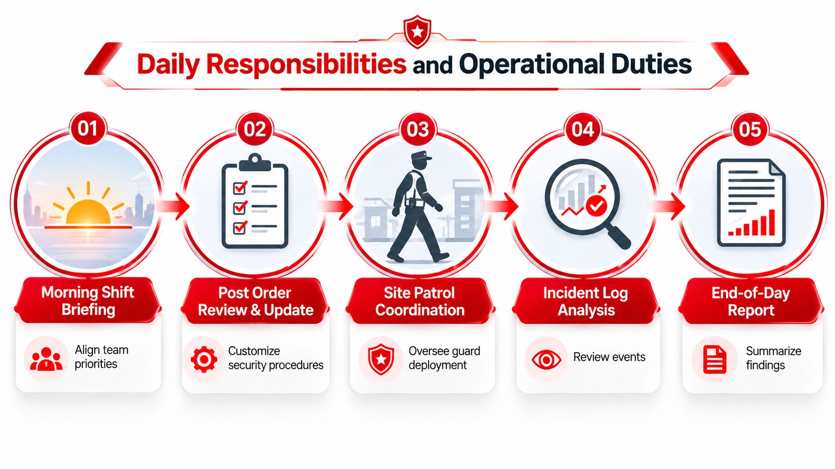 A flowchart showing five steps for daily security responsibilities, including briefings, patrol coordination, and end-of-day reports.