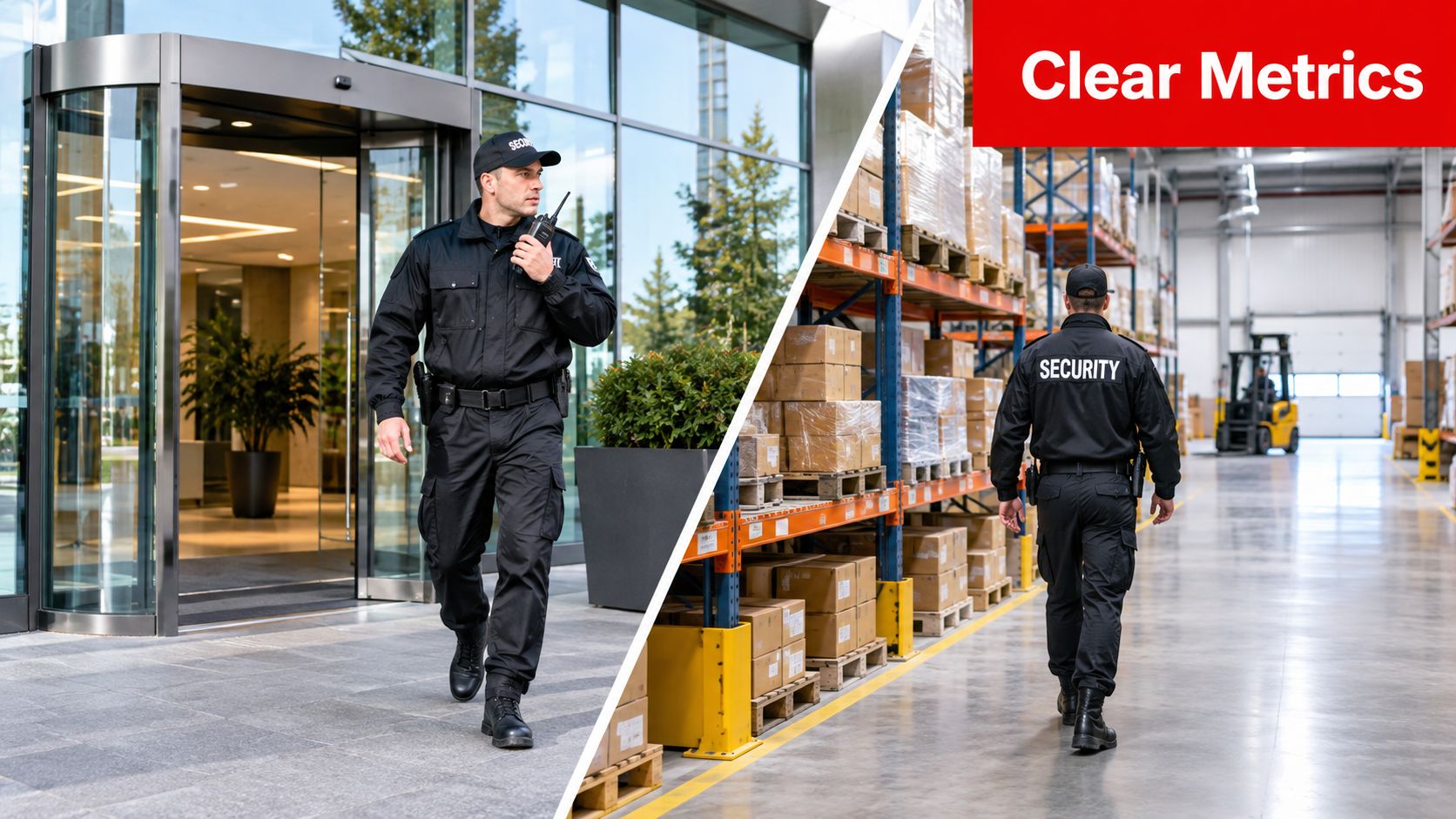 Security personnel patrolling a corporate building entrance and a warehouse facility as part of professional monitoring services.