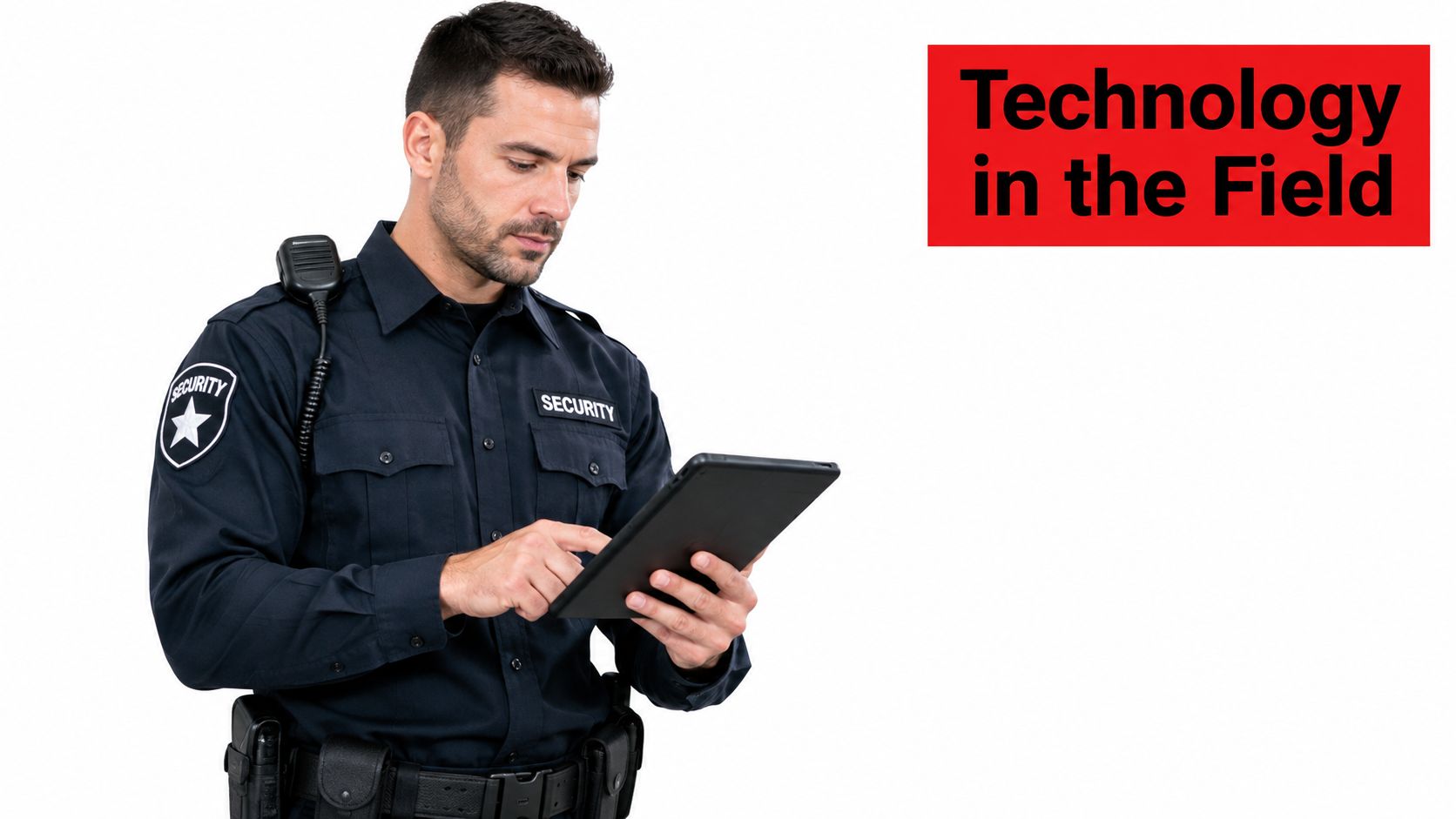 A professional security guard wearing a uniform uses a tablet computer while standing against a white background.