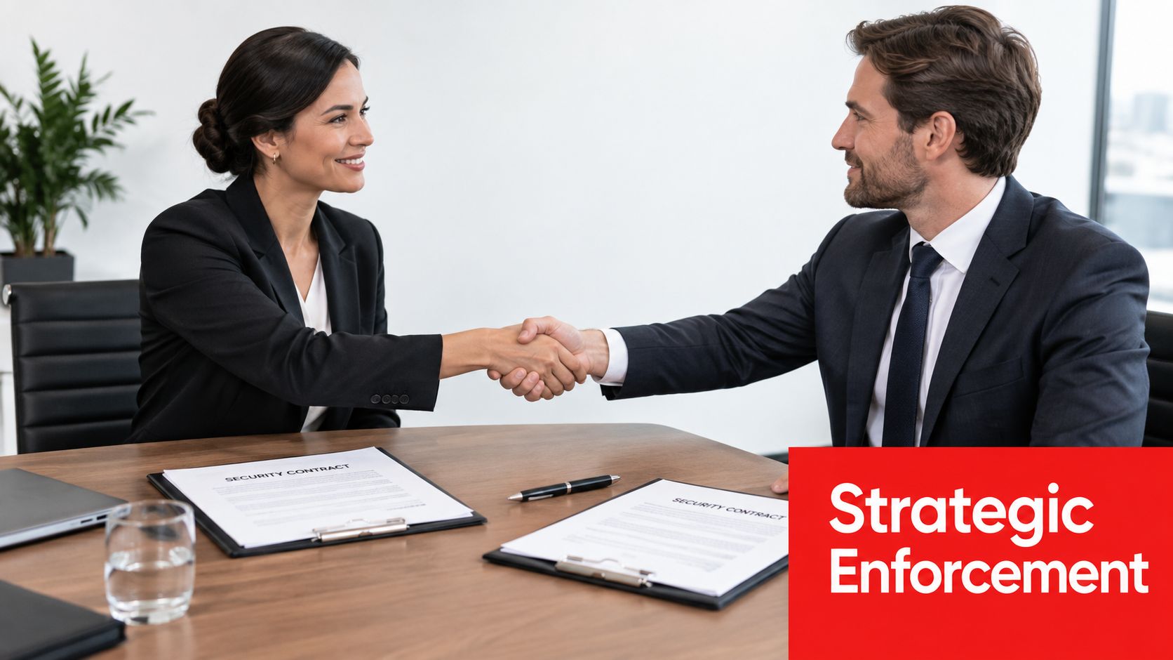 A professional man and woman in business attire shaking hands over a signed security contract at a desk.