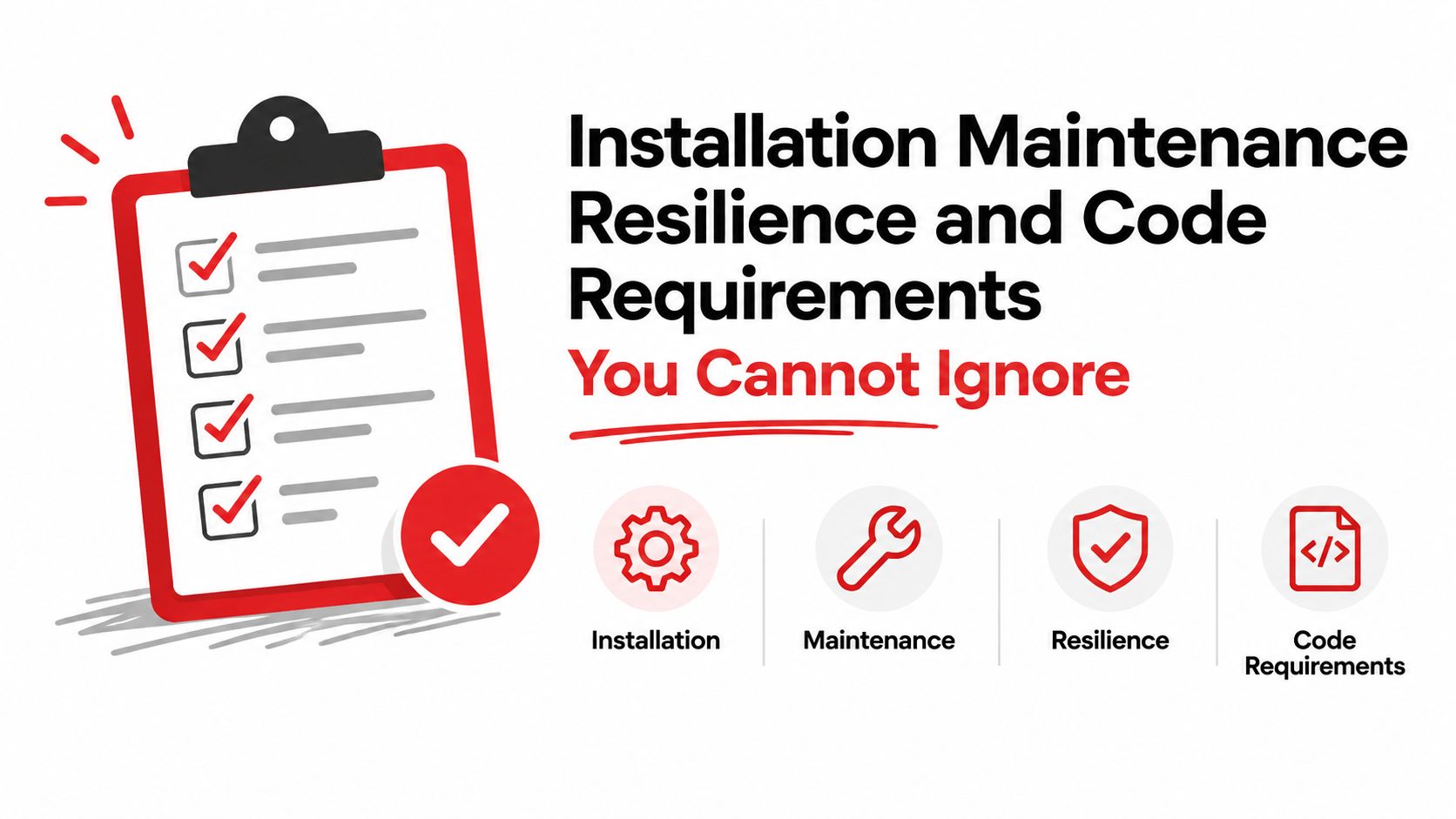 A checklist graphic emphasizing the importance of installation, maintenance, resilience, and code requirements for door systems.