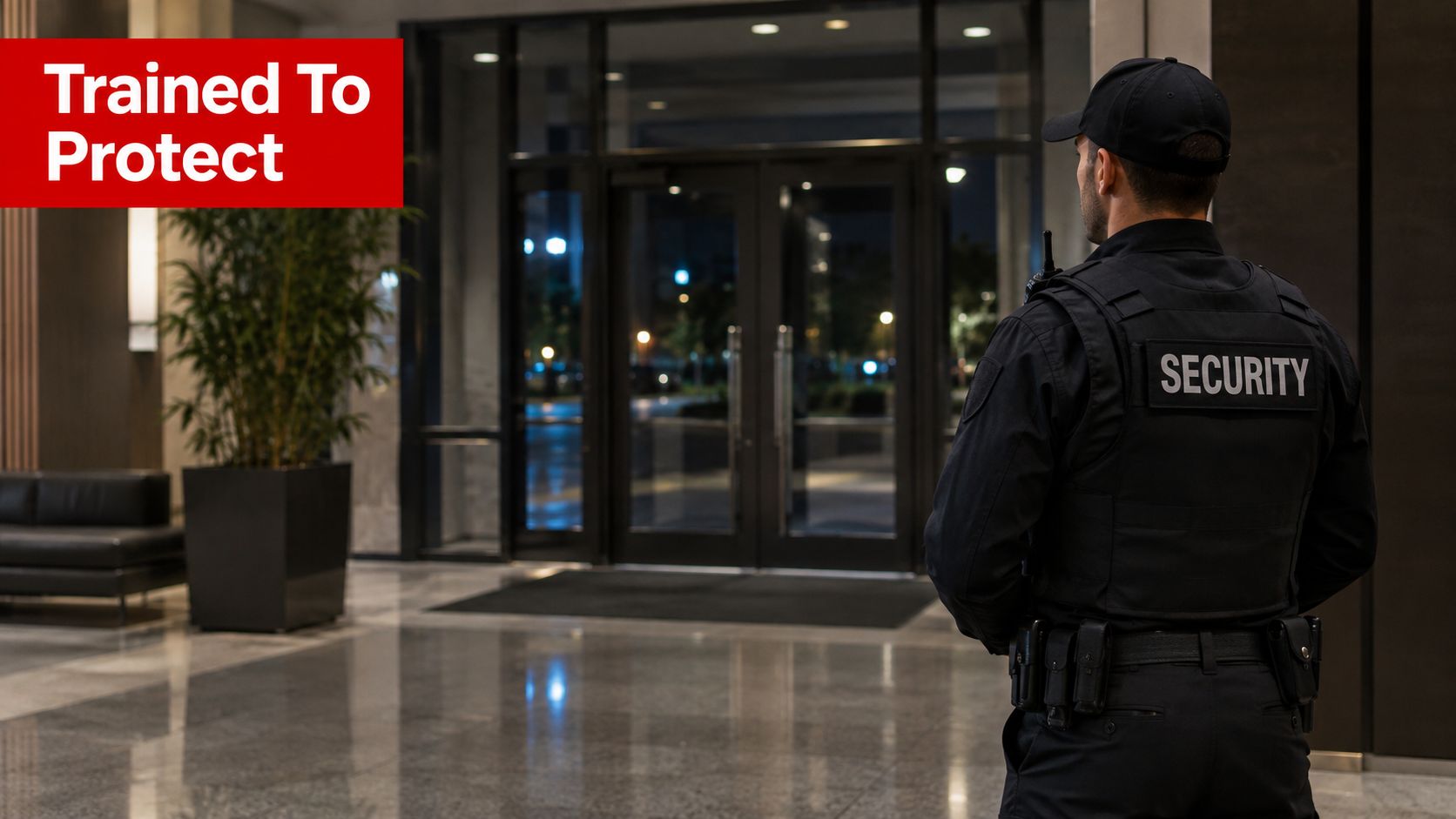 A professional security officer in uniform standing watch inside a modern building lobby at night.
