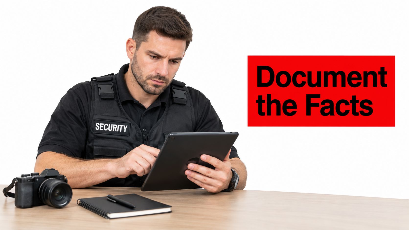 A professional security officer reviewing data on a digital tablet at a desk with equipment.