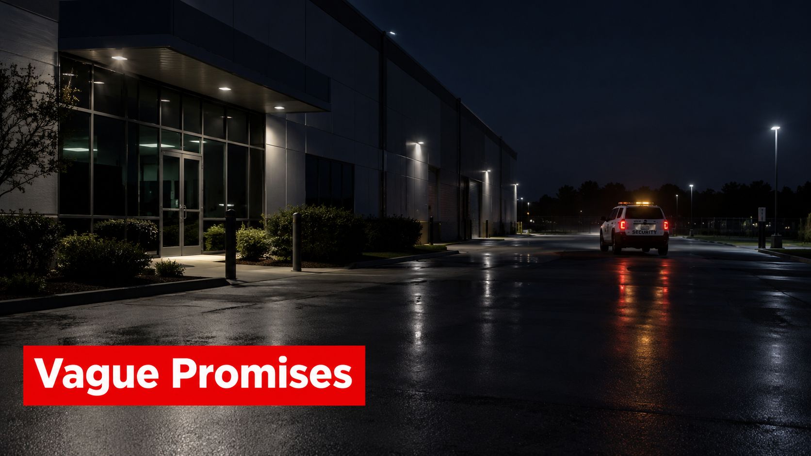 A night view of a commercial building entrance with a patrol security vehicle parked in the lot.
