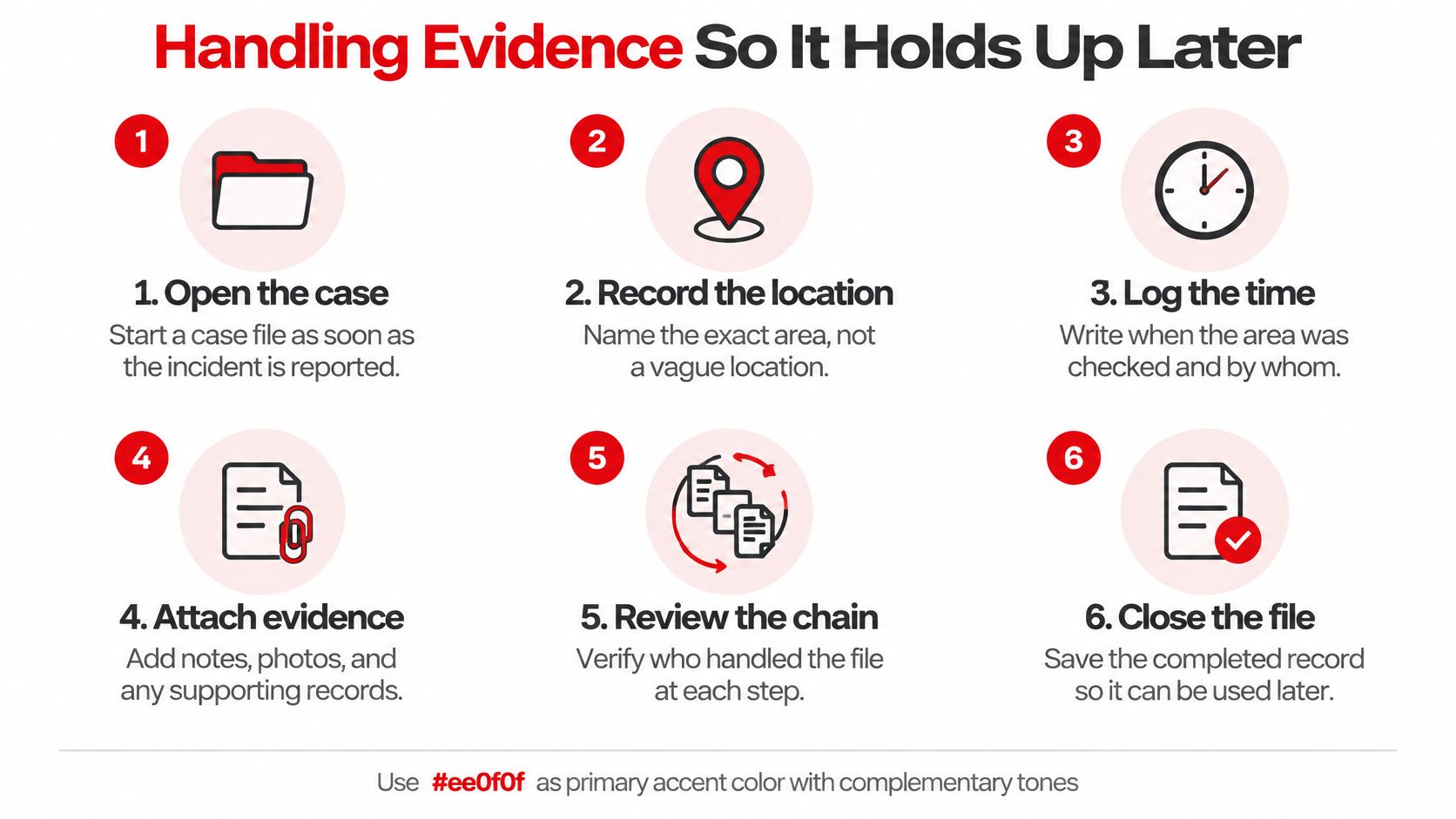 A six-step infographic guide explaining the best practices for handling evidence during an incident response process.