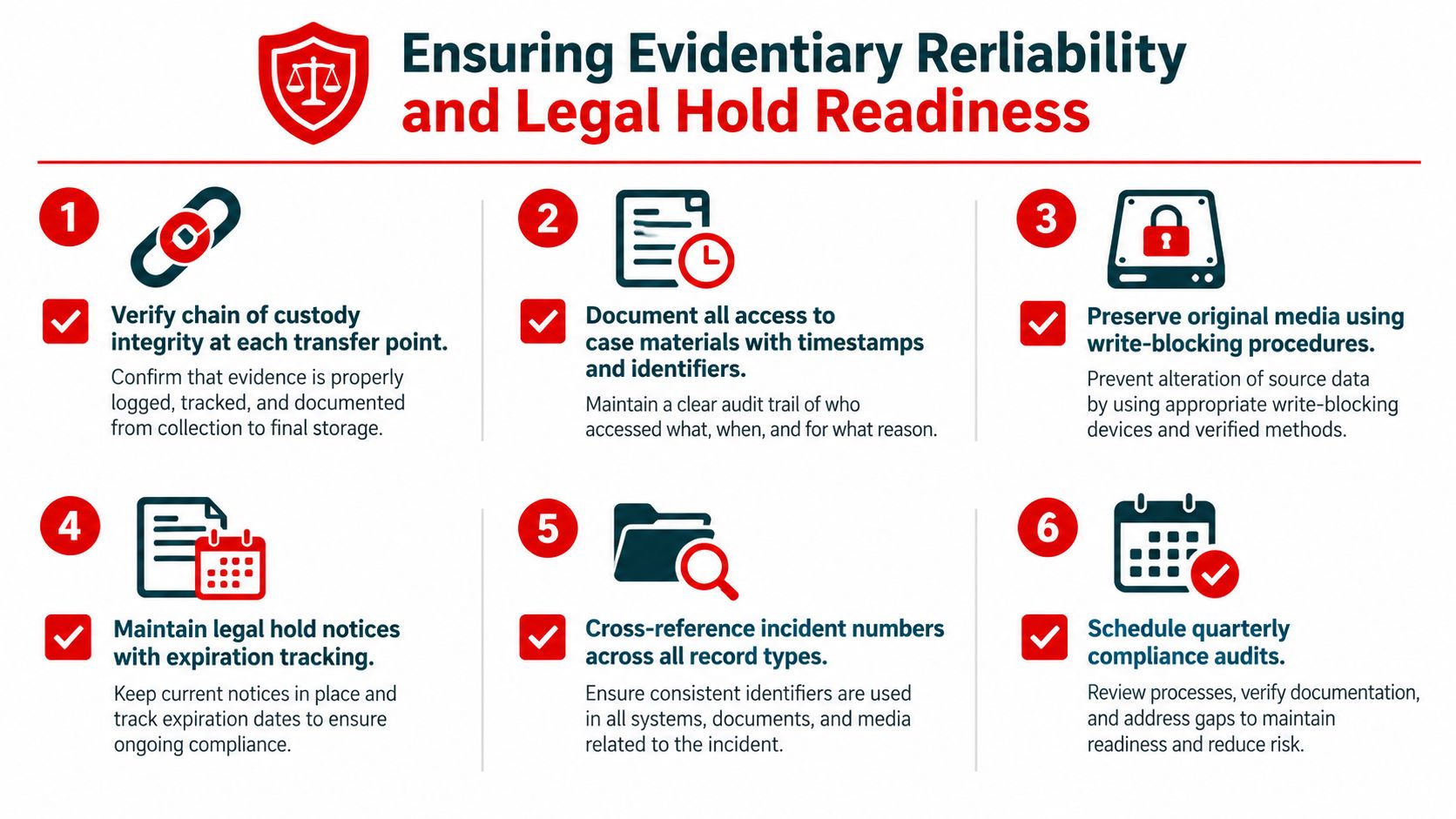 A six-step infographic on ensuring evidentiary reliability and legal hold readiness for security operations and digital forensics.