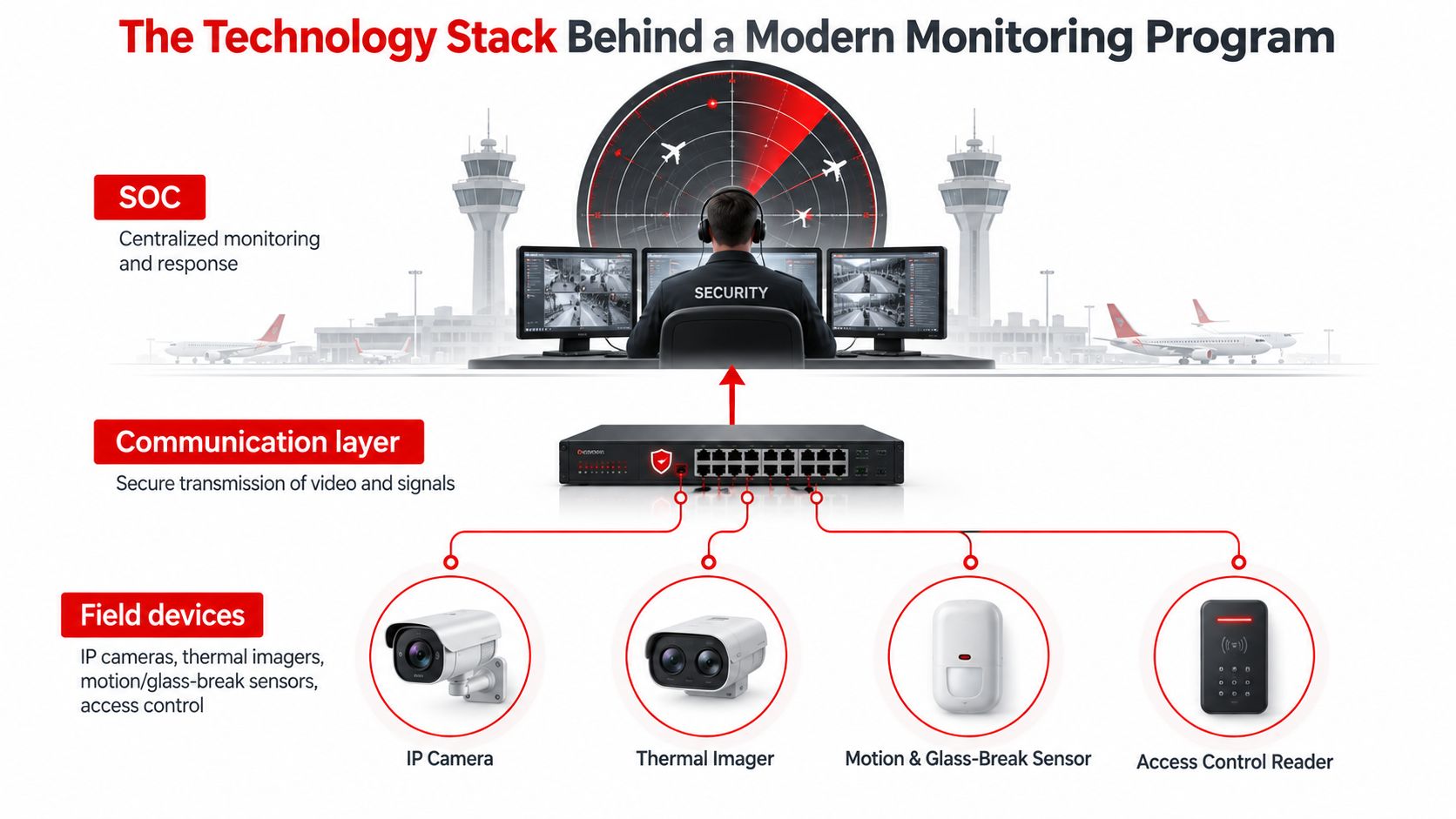 A diagram illustrating a modern security technology stack with field devices, a communication layer, and central monitoring.