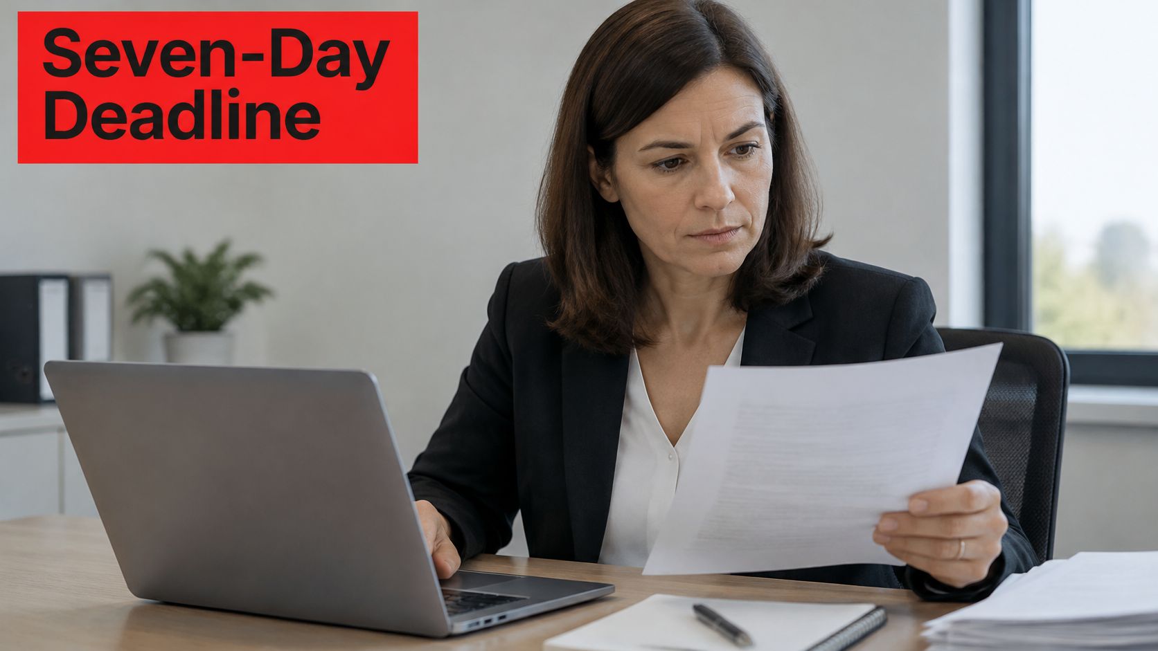 A professional woman in a business suit reviewing a document while sitting at her office desk.