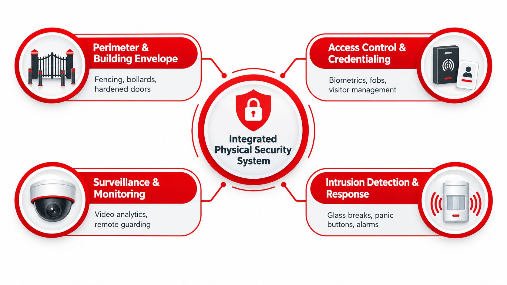 A diagram illustrating the four core components of an integrated physical security system, including surveillance and access control.