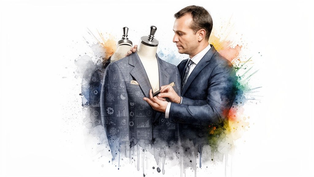 Un sarto o uomo d'affari che aggiusta un elegante abito grigio su un manichino, con elementi grafici e schizzi ad acquerello colorati.