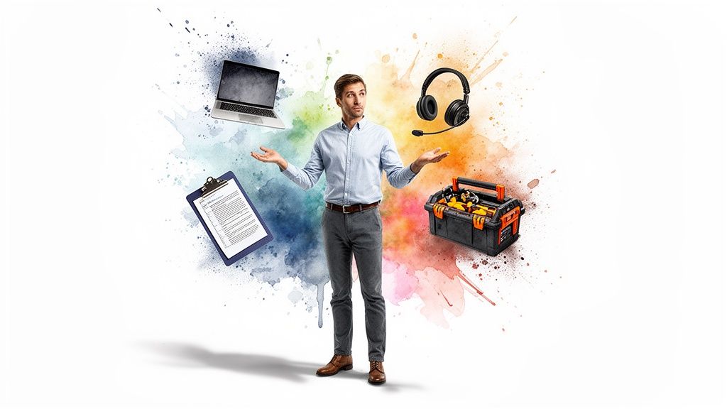 Uomo con laptop, appunti, cuffie e cassetta degli attrezzi su sfondo acquerellato, simboleggiando diverse competenze o servizi.