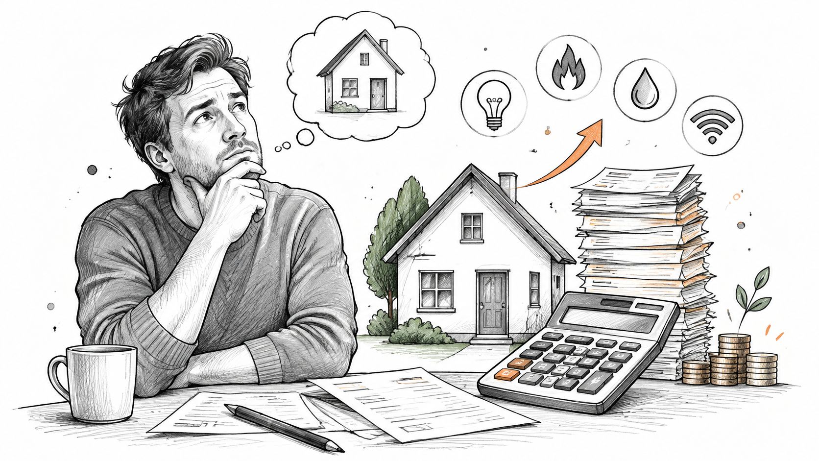 A man thoughtfully looking at a house illustration with bills, a calculator, and rising utility icons.