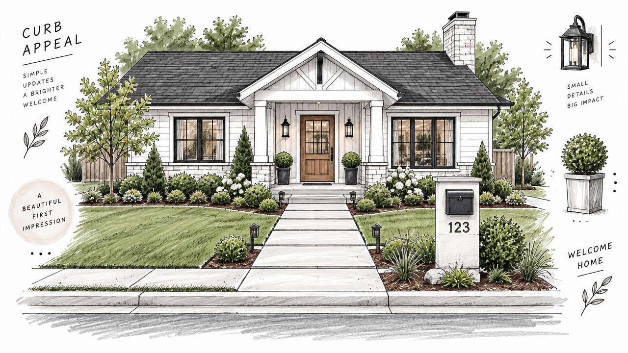 A beautiful sketch of a charming house exterior with lush landscaping, demonstrating curb appeal improvements.