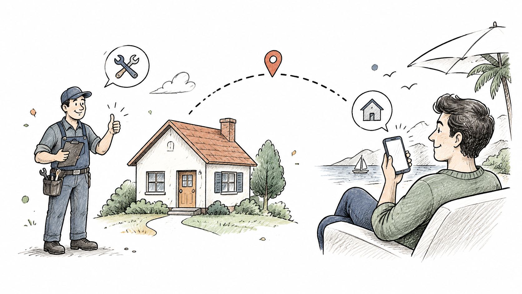 A repair technician stands near a house, connecting via smartphone to a relaxed homeowner on vacation.
