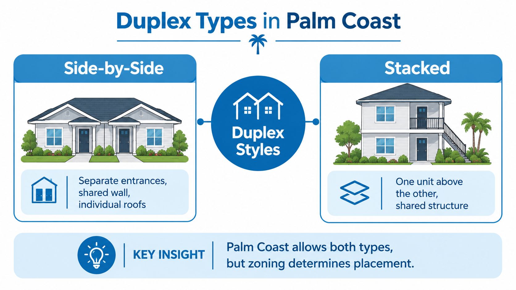 An infographic illustrating side-by-side and stacked duplex styles found in Palm Coast, Florida residential housing.
