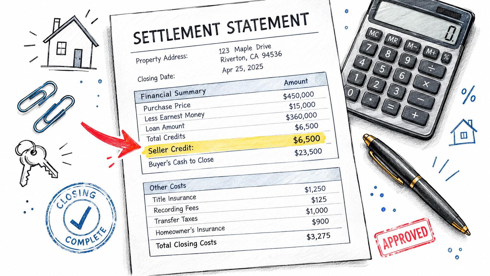 A settlement statement document showing financial details for a property closing with a highlighted seller credit amount.