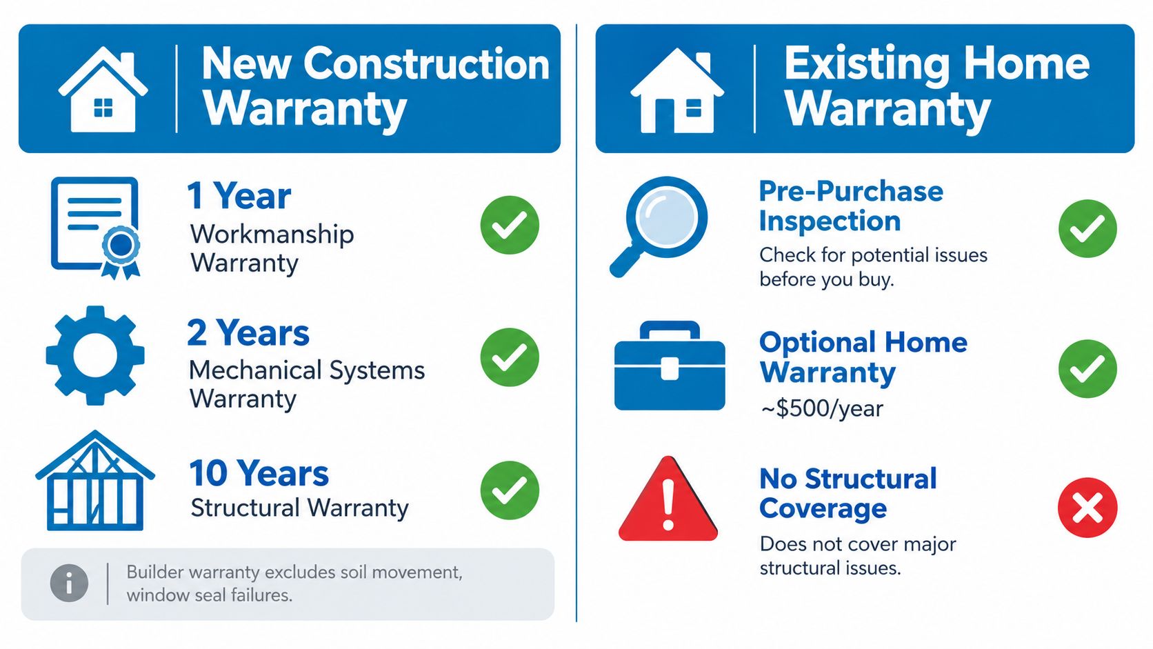 A comparison chart outlining the warranties and coverage differences between new construction and existing home purchases.
