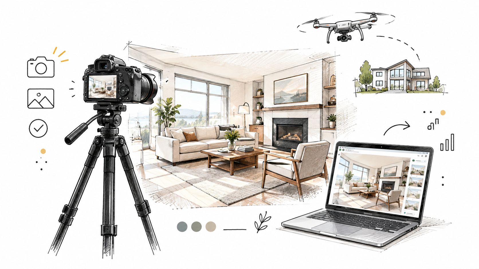 A conceptual sketch illustrating professional real estate photography services, including a camera, tripod, drone, and laptop editing.