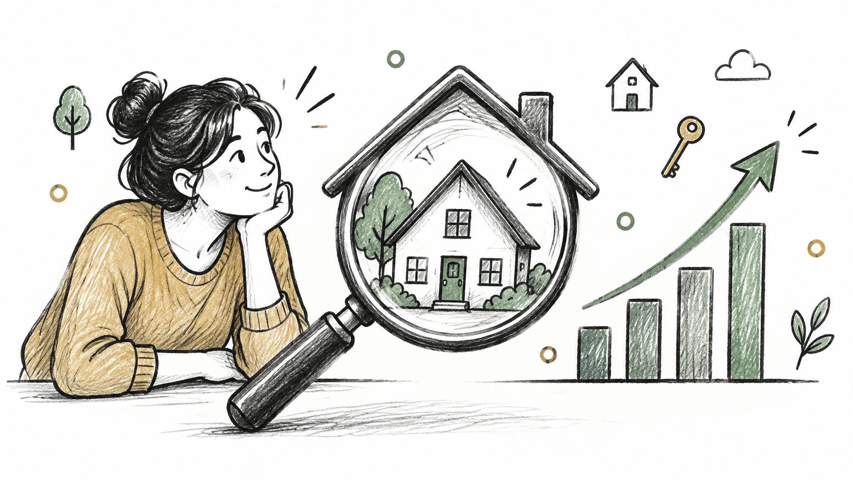 A hand-drawn illustration of a woman looking at a house through a magnifying glass with a growth chart.