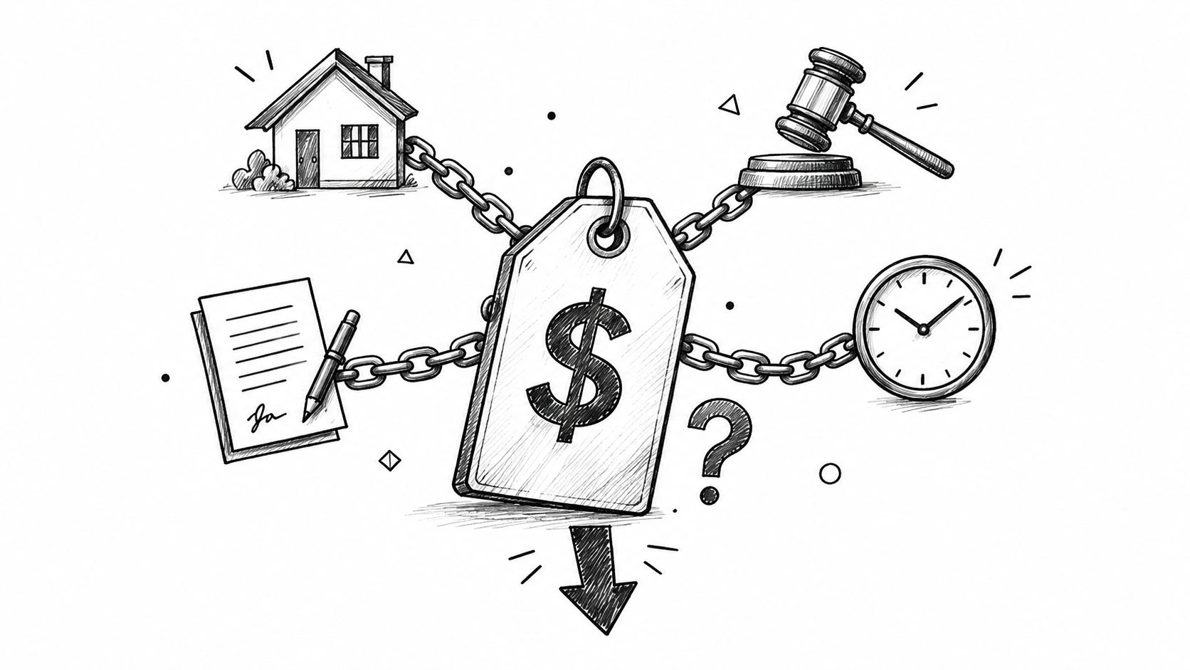 A conceptual sketch showing a price tag linked by chains to a house, gavel, document, and clock.