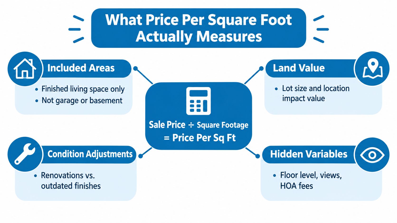 A diagram explaining factors involved in calculating the price per square foot for real estate properties.