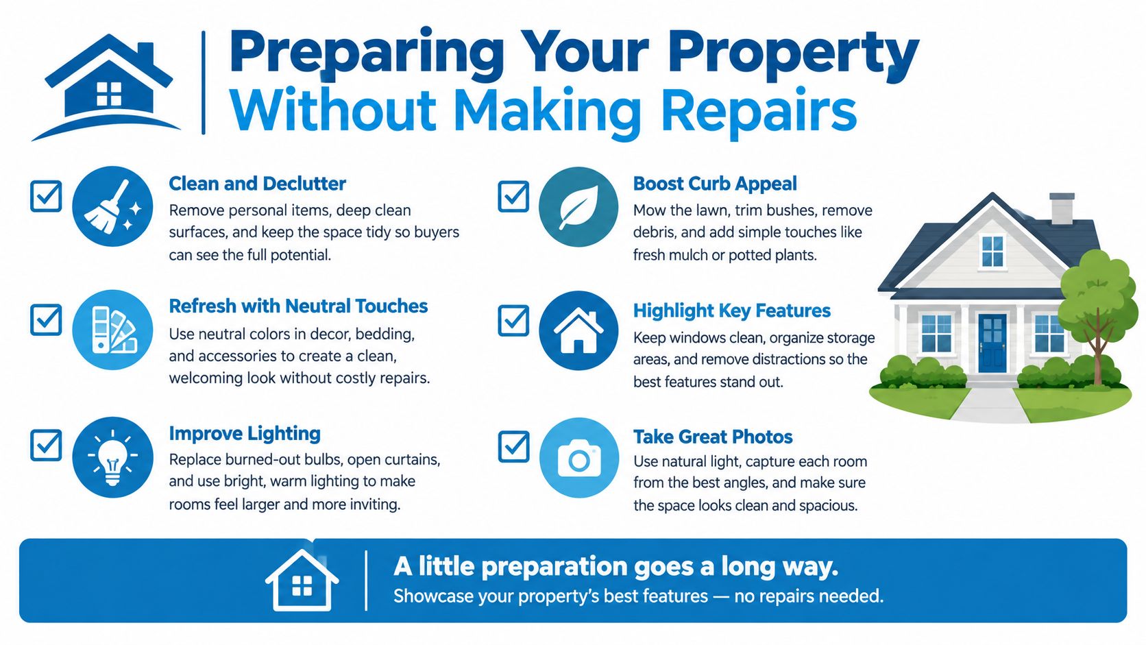 An infographic detailing six steps to prepare your property for sale without performing any major home repairs.