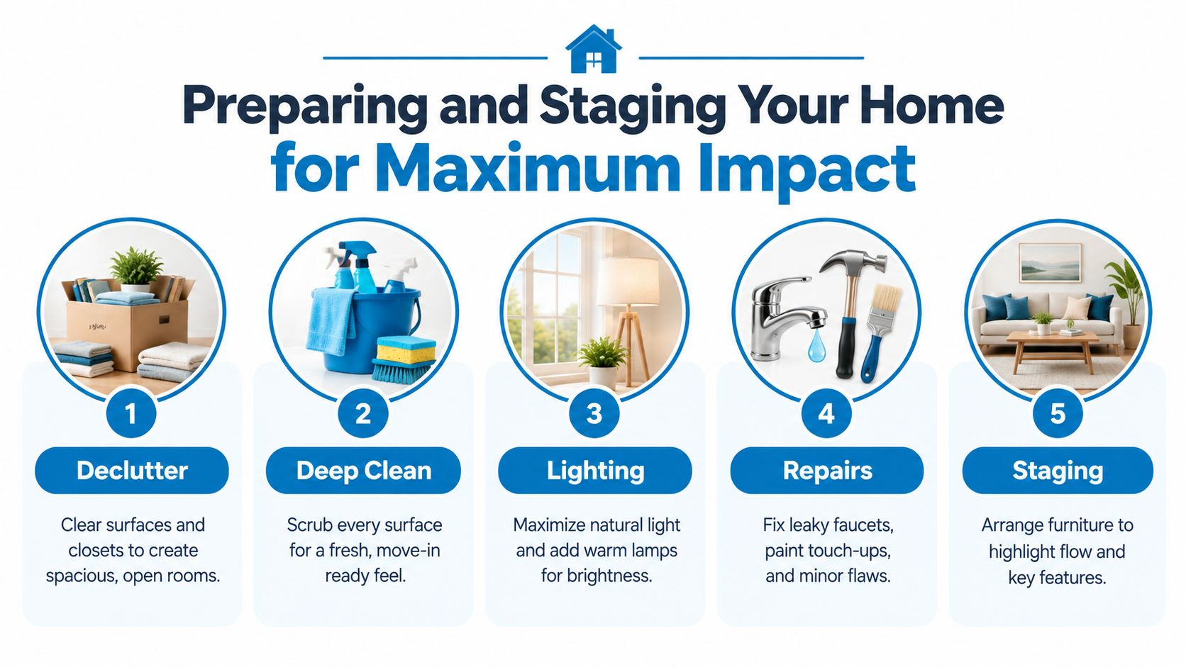 An infographic titled Preparing and Staging Your Home for Maximum Impact with five steps for home sellers.