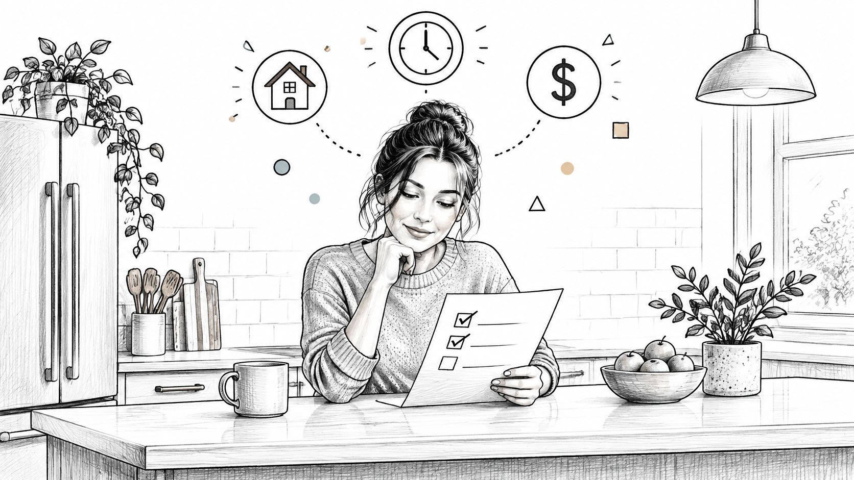 A woman reviewing a checklist in her kitchen, considering house, time, and money planning concepts.