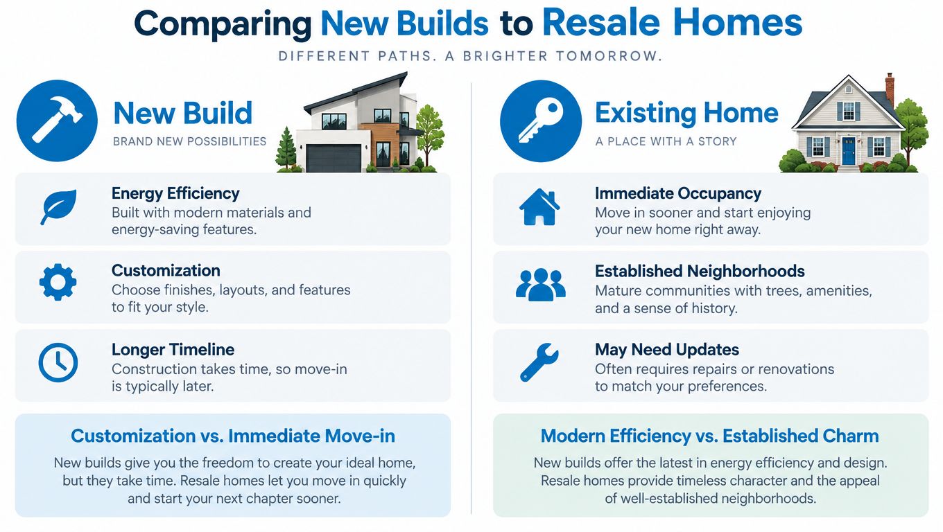 A comparison chart highlighting the key pros and cons of choosing new construction versus resale homes.
