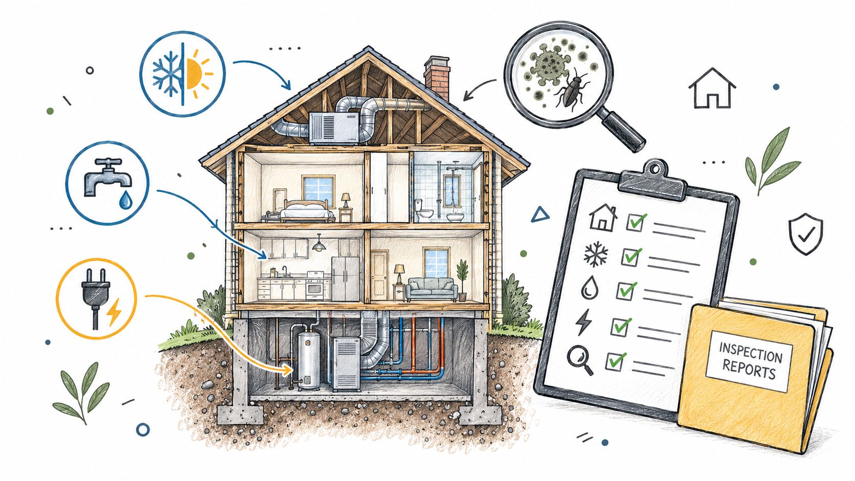 A detailed illustration of a home showing HVAC, plumbing, electrical, and pest inspection points with a checklist.