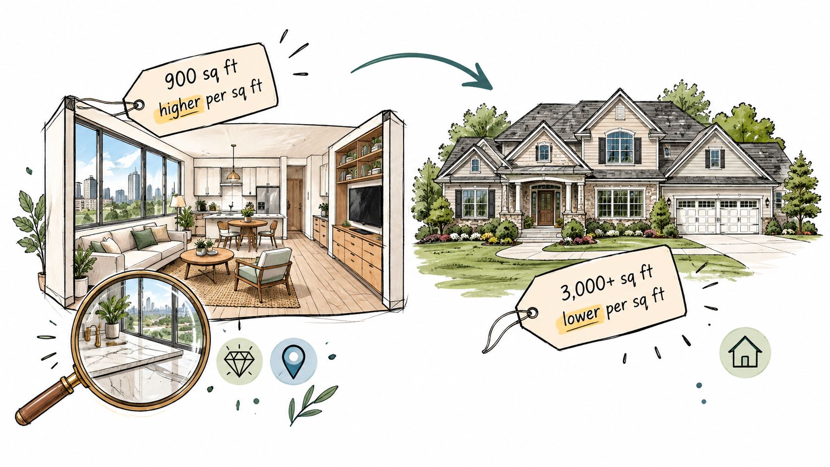 An illustration comparing the price per square foot of a small city apartment and a large suburban house.