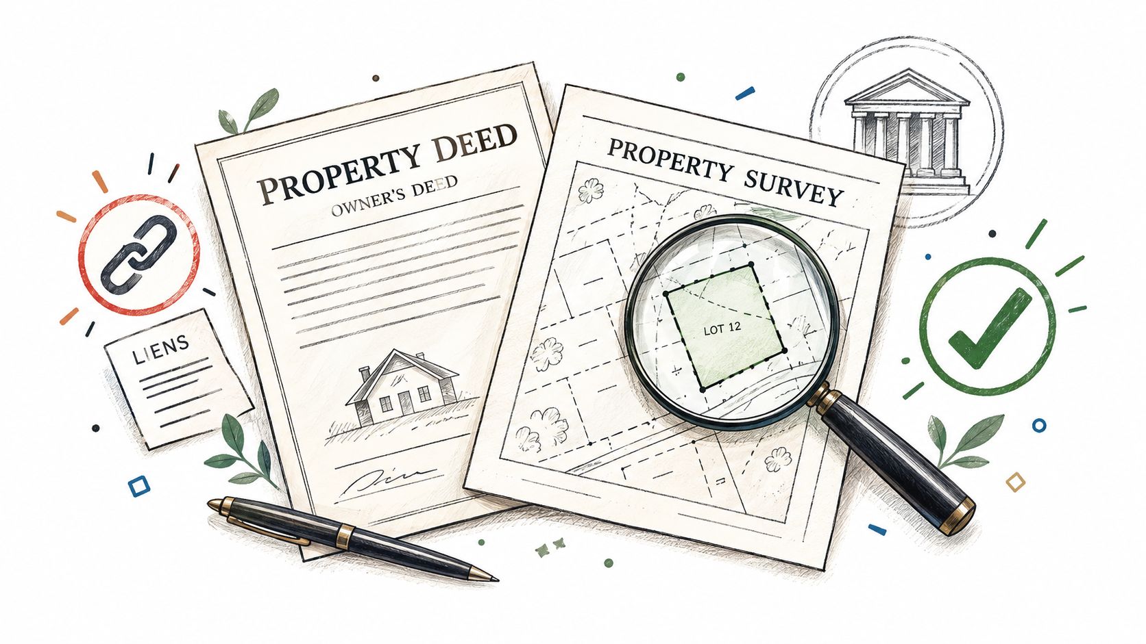 A professional illustration of real estate closing documents including a property deed, survey, and a magnifying glass.