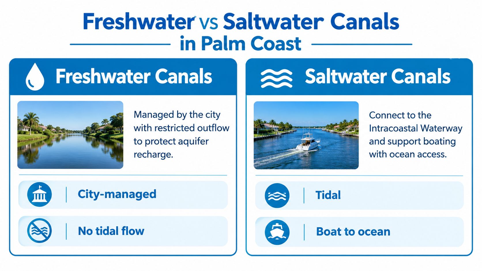 A graphic comparing freshwater and saltwater canals in Palm Coast, explaining management, tidal flow, and boat access.