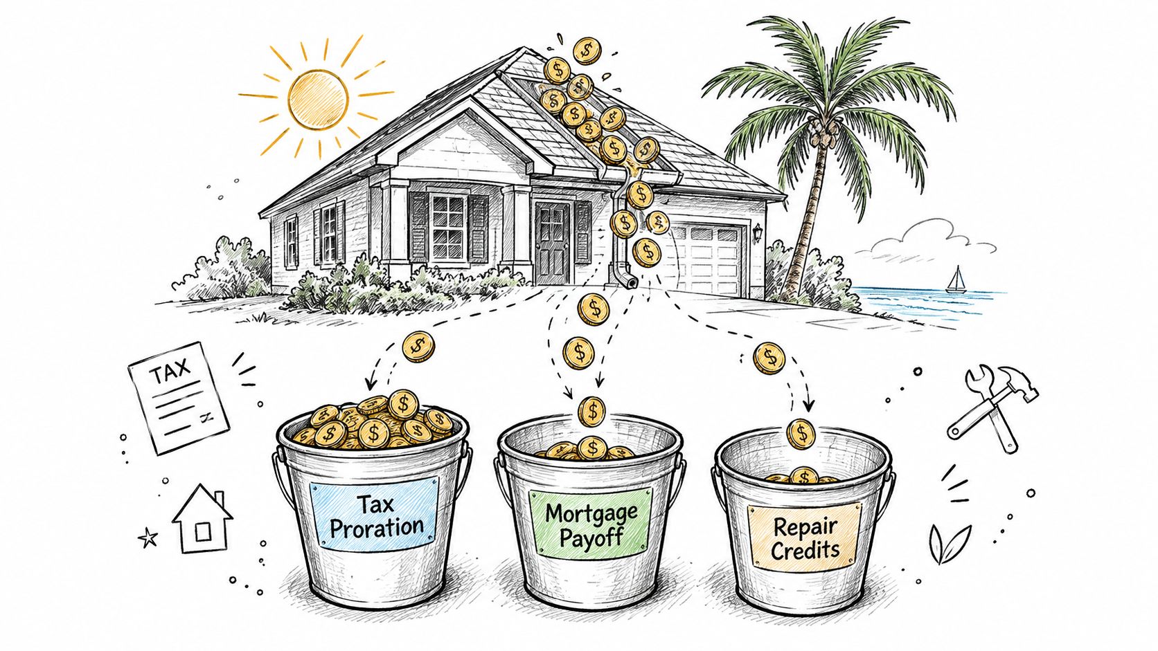 A conceptual drawing showing home proceeds flowing into buckets for tax proration, mortgage payoff, and repair credits.