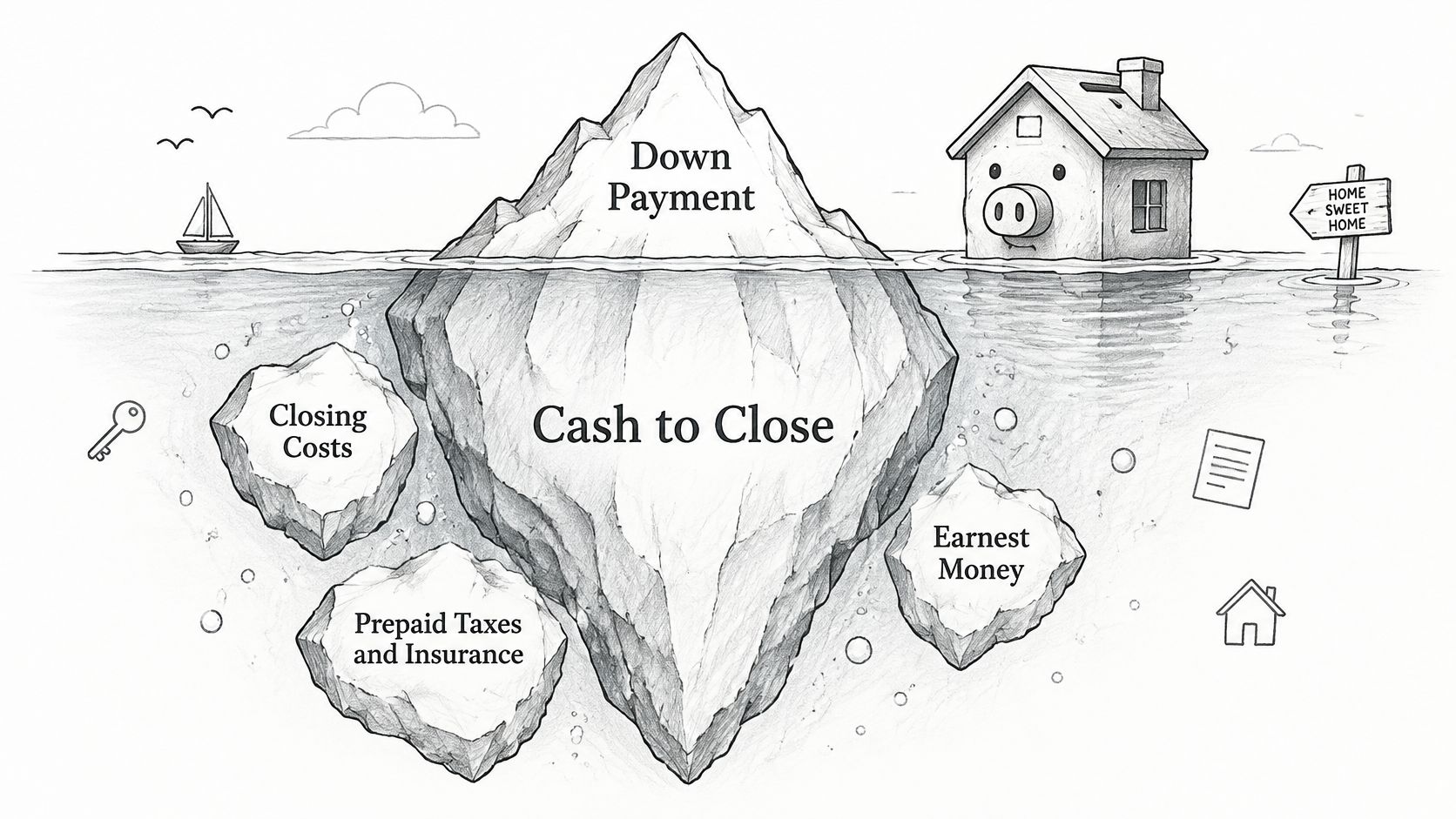 An iceberg illustration representing hidden home buying expenses like closing costs, taxes, and earnest money.