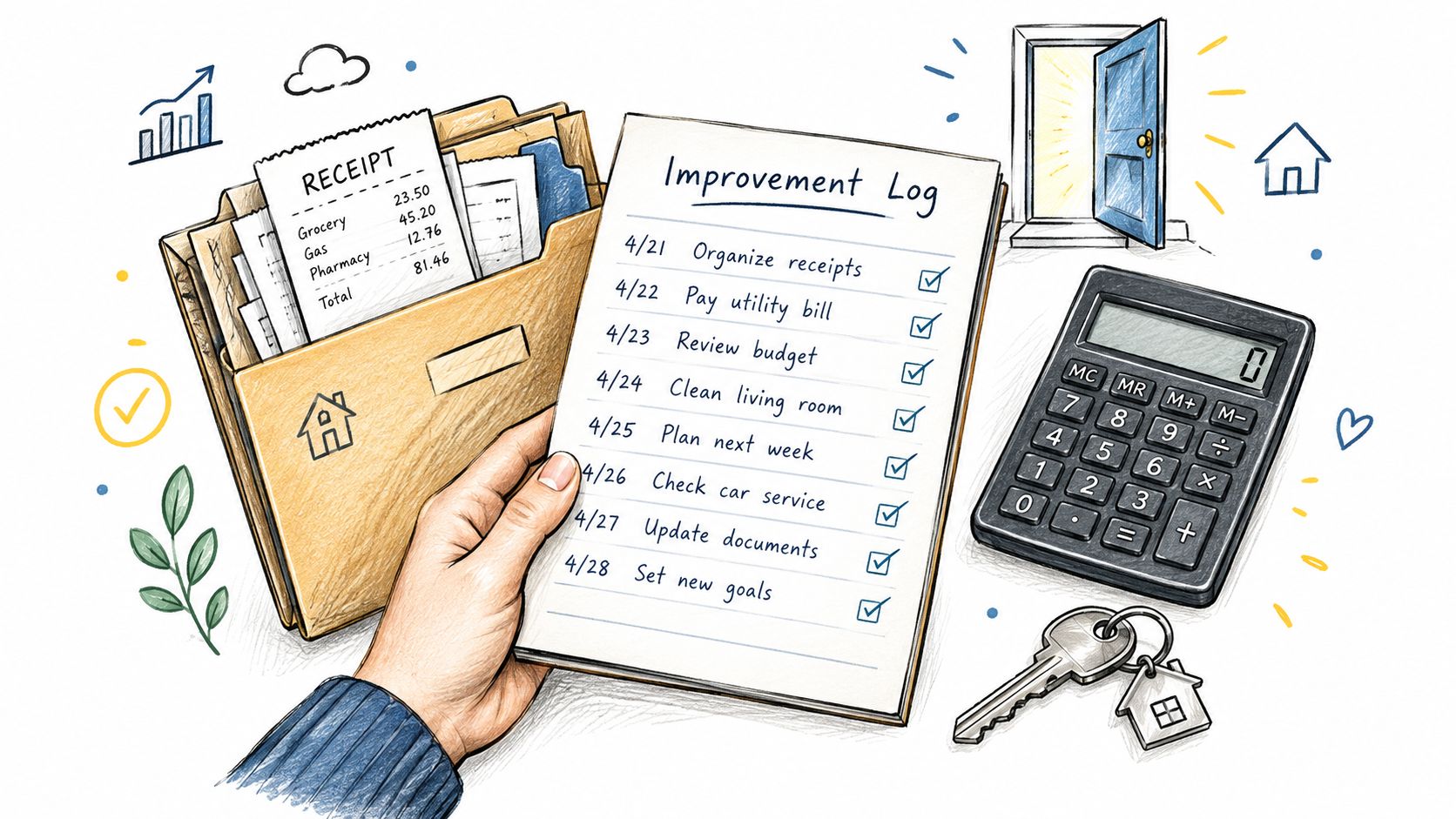 A hand holds an improvement log checklist next to a folder of receipts, a calculator, and keys.