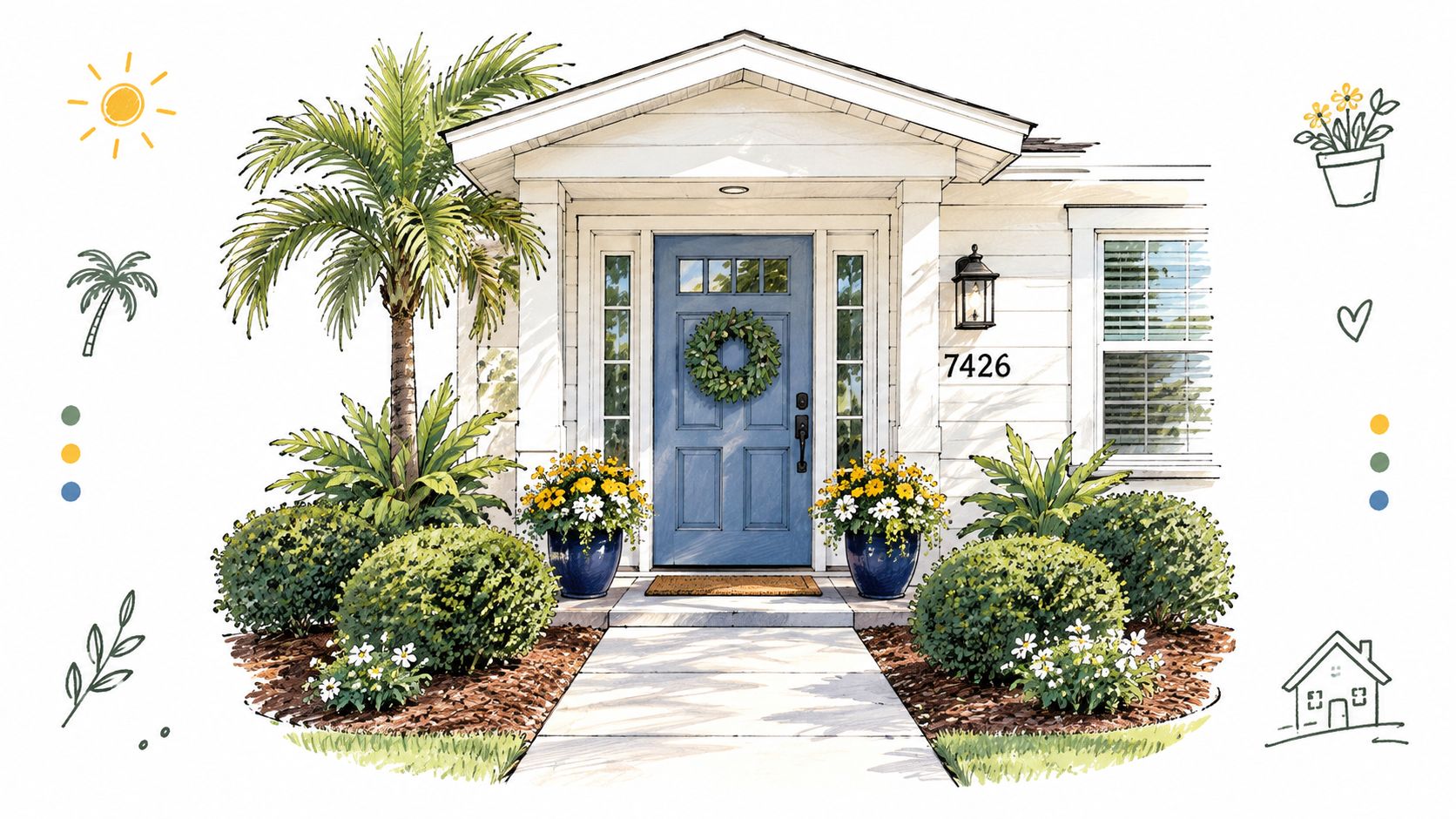 A charming house entrance with a blue door, palm tree, and vibrant flowers, perfect for home listings.