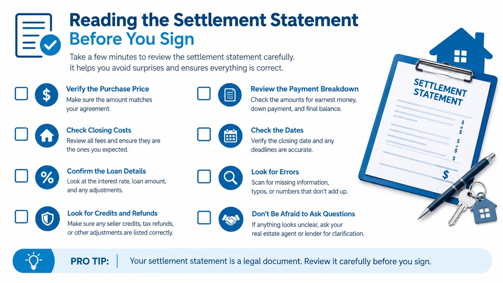 A checklist infographic titled Reading the Settlement Statement Before You Sign for home buyers and sellers.