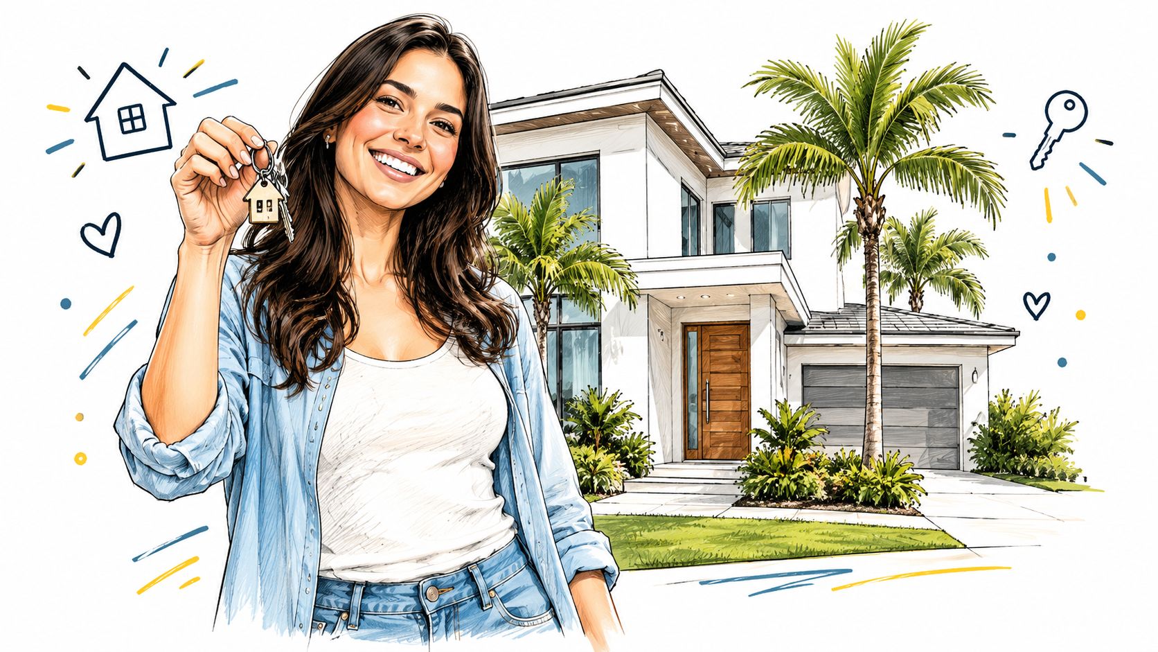A smiling woman holding keys to a modern luxury new construction home with palm trees outside.