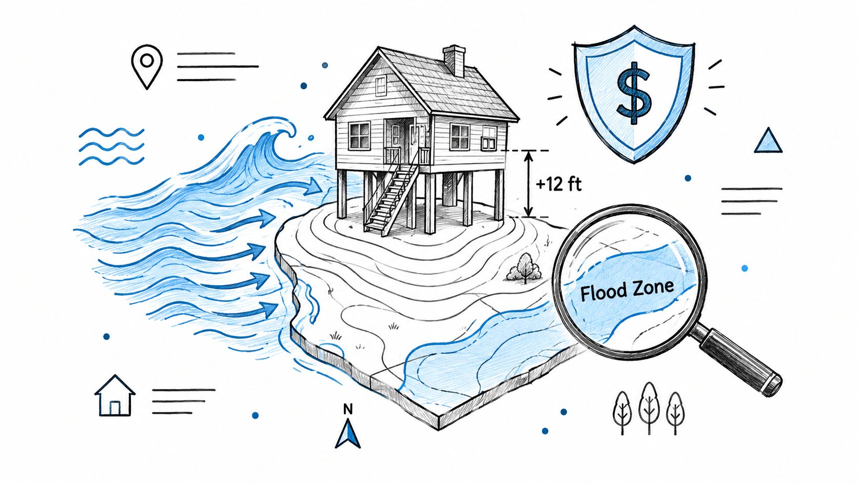 A hand-drawn illustration depicting a house elevated on stilts to protect against potential flood zones and insurance.