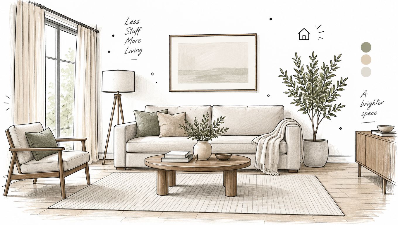 A hand-drawn sketch of a cozy, minimalist living room with a sofa, armchair, and indoor plants.